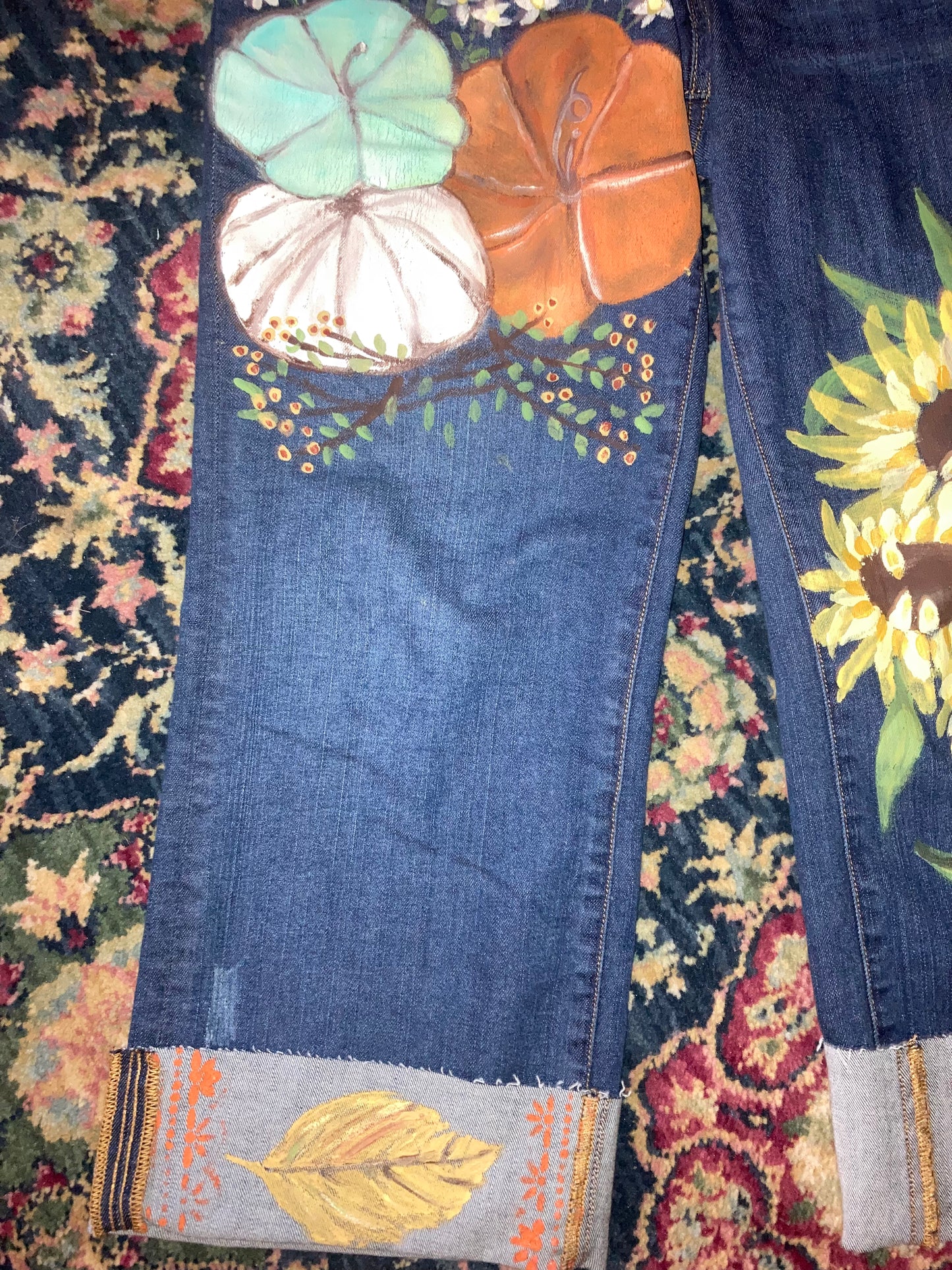 Fall Y’all Pumpkins Sunflower painted jeans