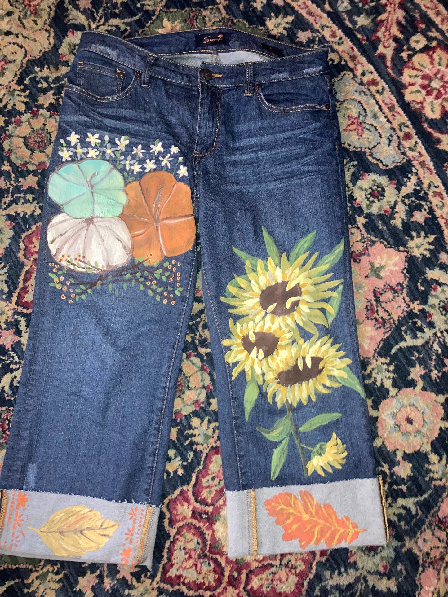 Fall Y’all Pumpkins Sunflower painted jeans